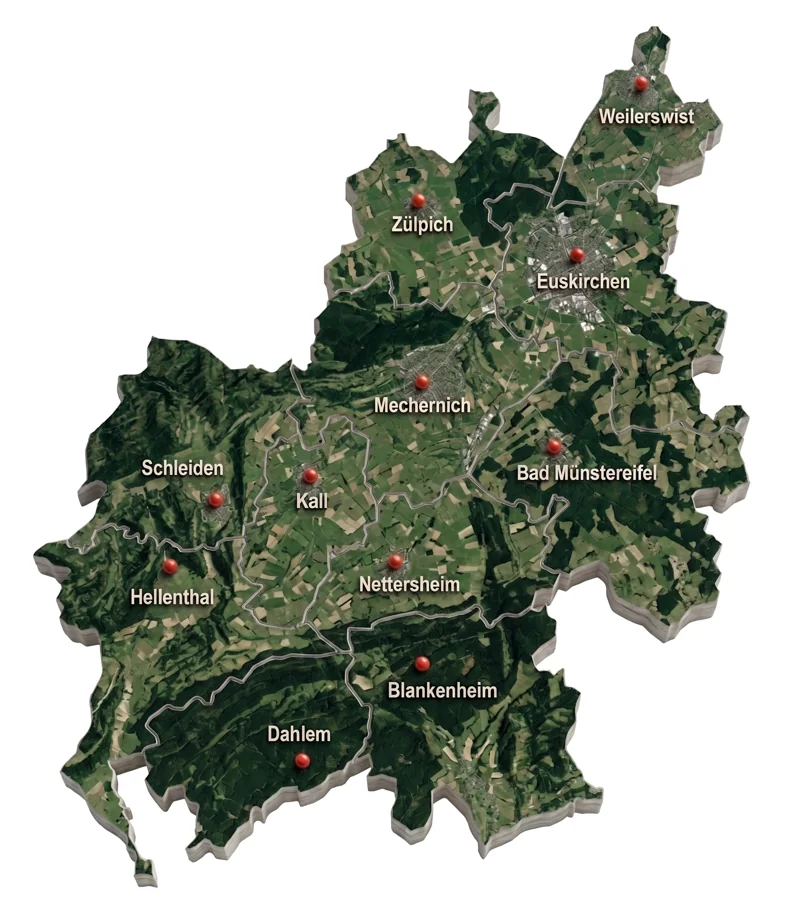 3D-Karte des Kreis Euskirchen mit allen Einsatzorten: Euskirchen, Mechernich, Kall, Zülpich, Blankenheim, Schleiden, Bad Münstereifel, Weilerswist, Hellenthal, Nettersheim, Dahlem